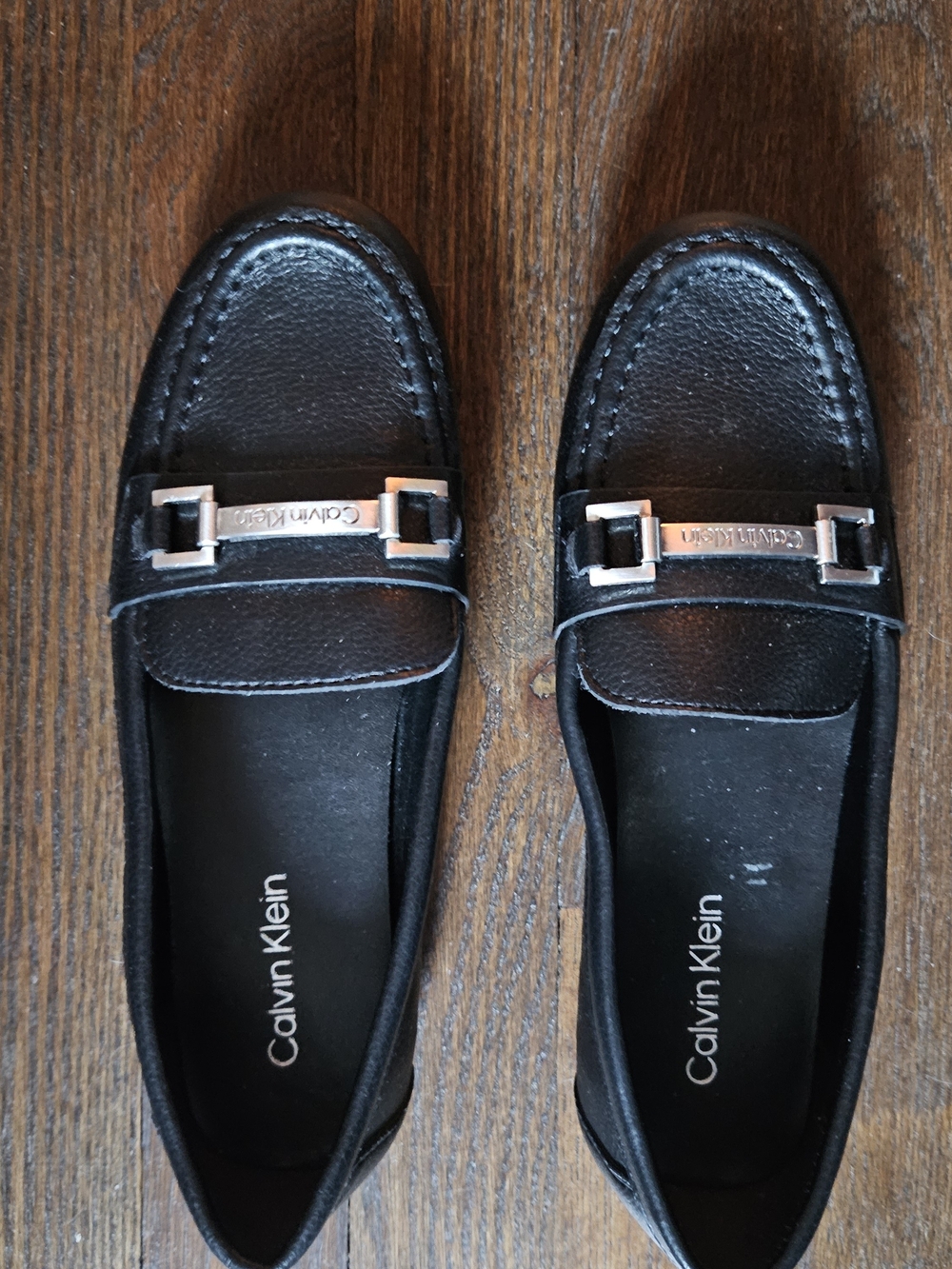 Calvin Klein Black Leather Loafers with Silver Hardware